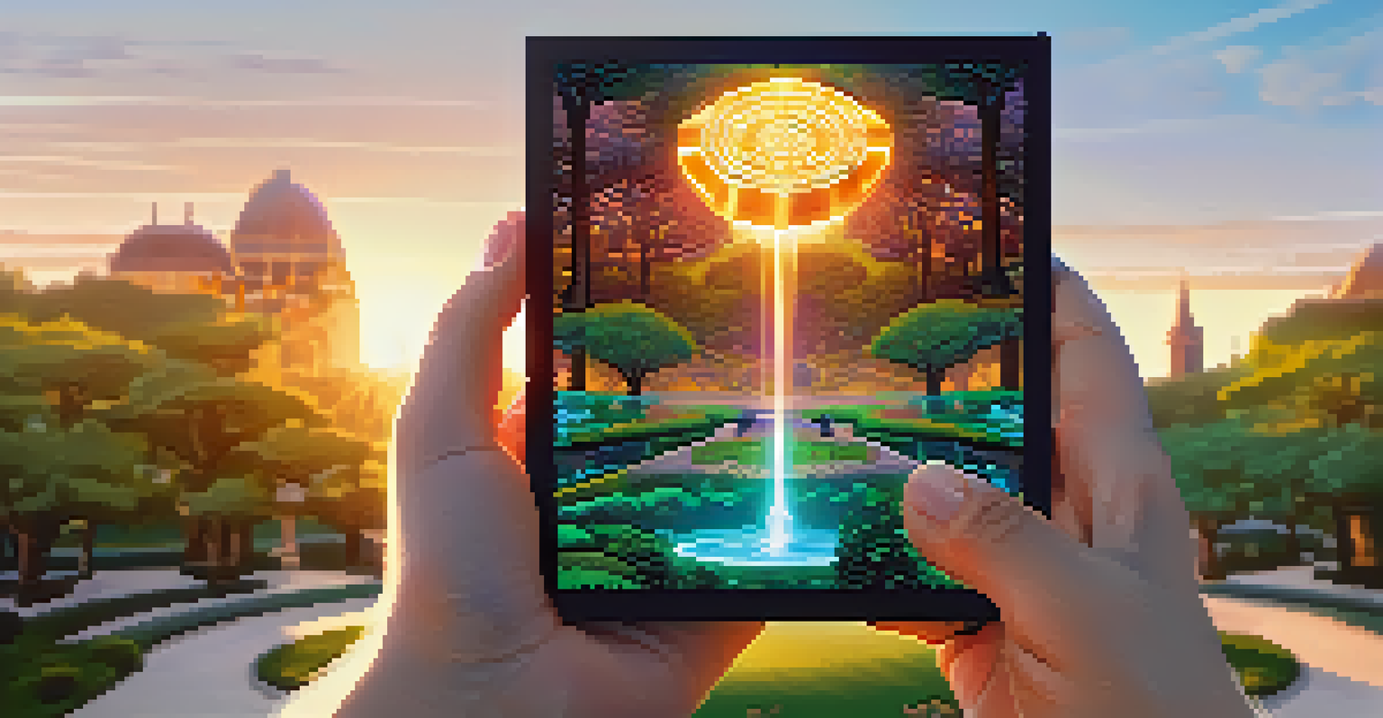 A hand holding a glowing digital NFT artifact with a scenic park background, capturing the thrill of discovery.