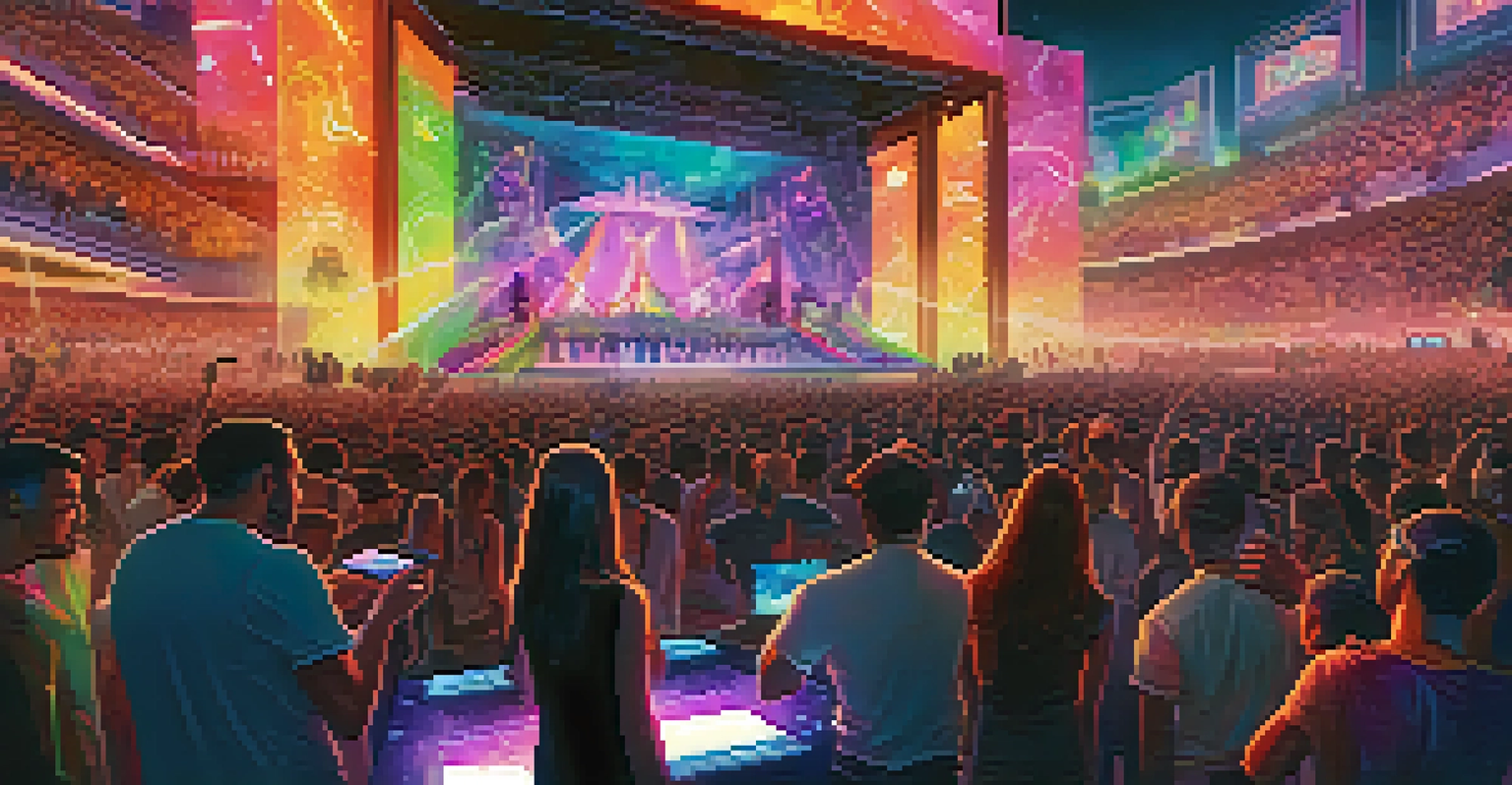 A vibrant music festival with a crowd engaging with holographic NFTs and a dynamic stage performance under colorful lights.