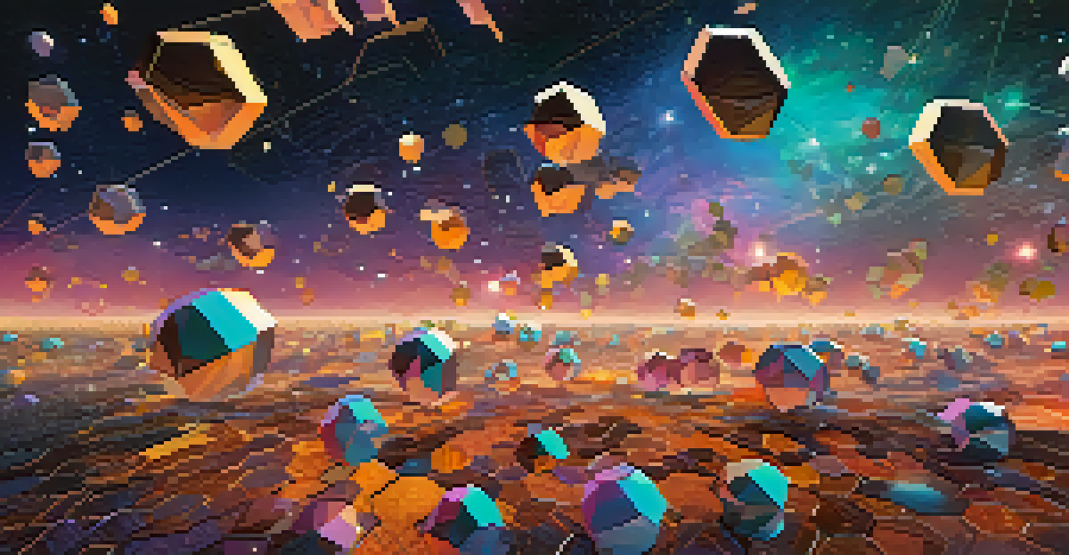 An abstract digital landscape with floating hexagons representing NFTs, set against a cosmic background.