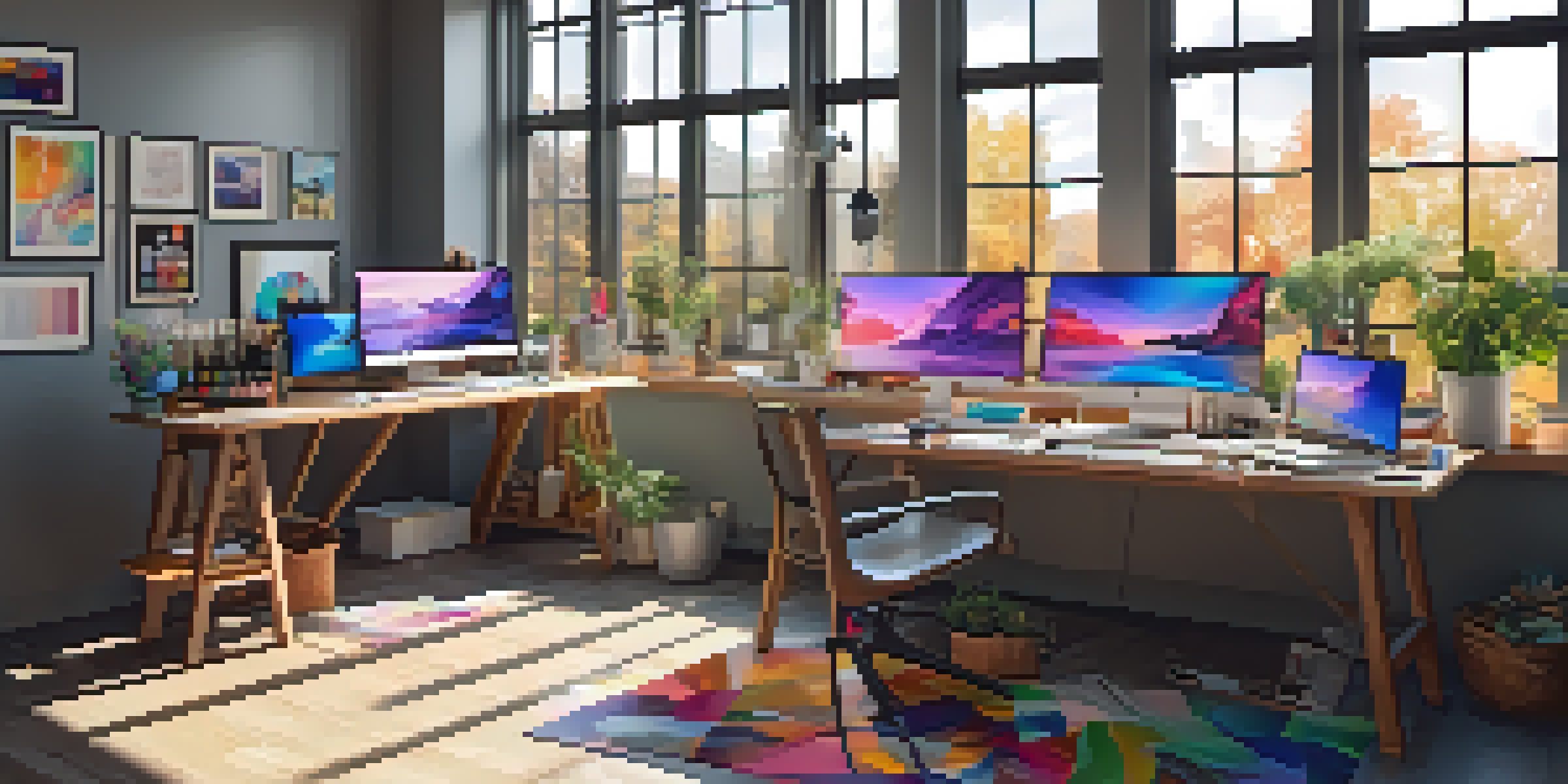 A modern digital artist's workspace with colorful art on screens and natural light illuminating the room.