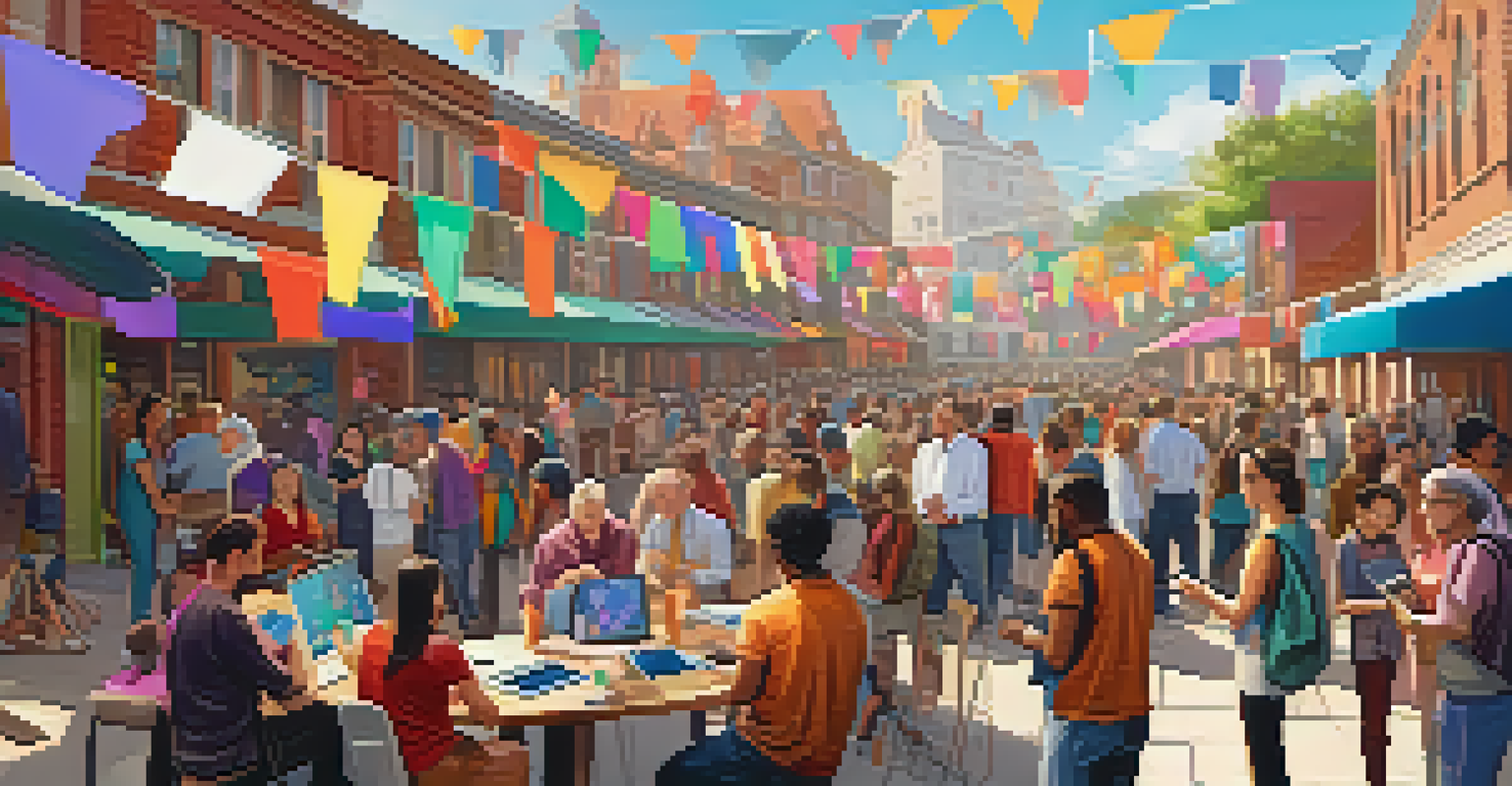 Local artists creating NFTs at a community event, surrounded by vibrant artwork and engaged audience members under natural sunlight.