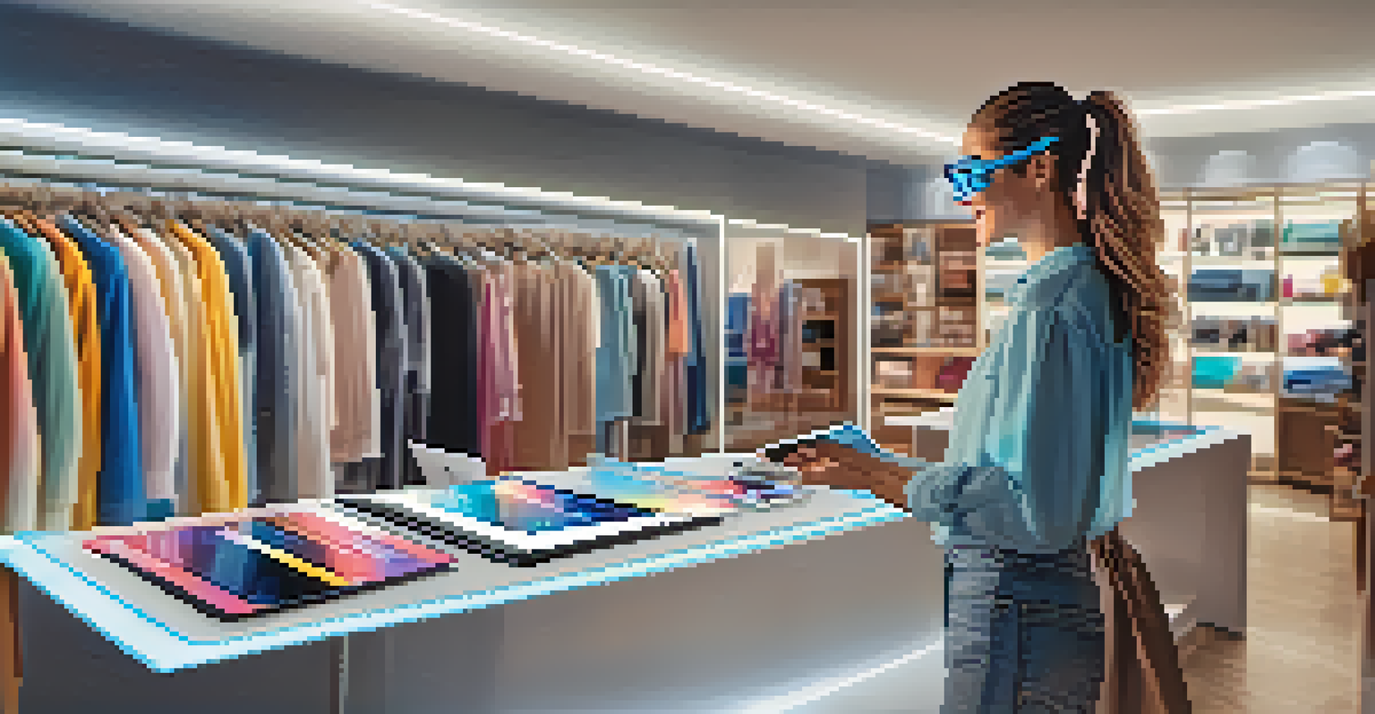 A person using augmented reality glasses to shop for clothes in a stylish living room.