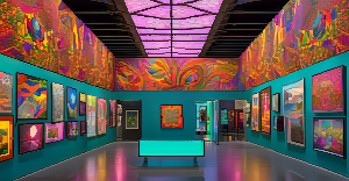A digital art gallery filled with fans viewing colorful NFTs displayed on screens.