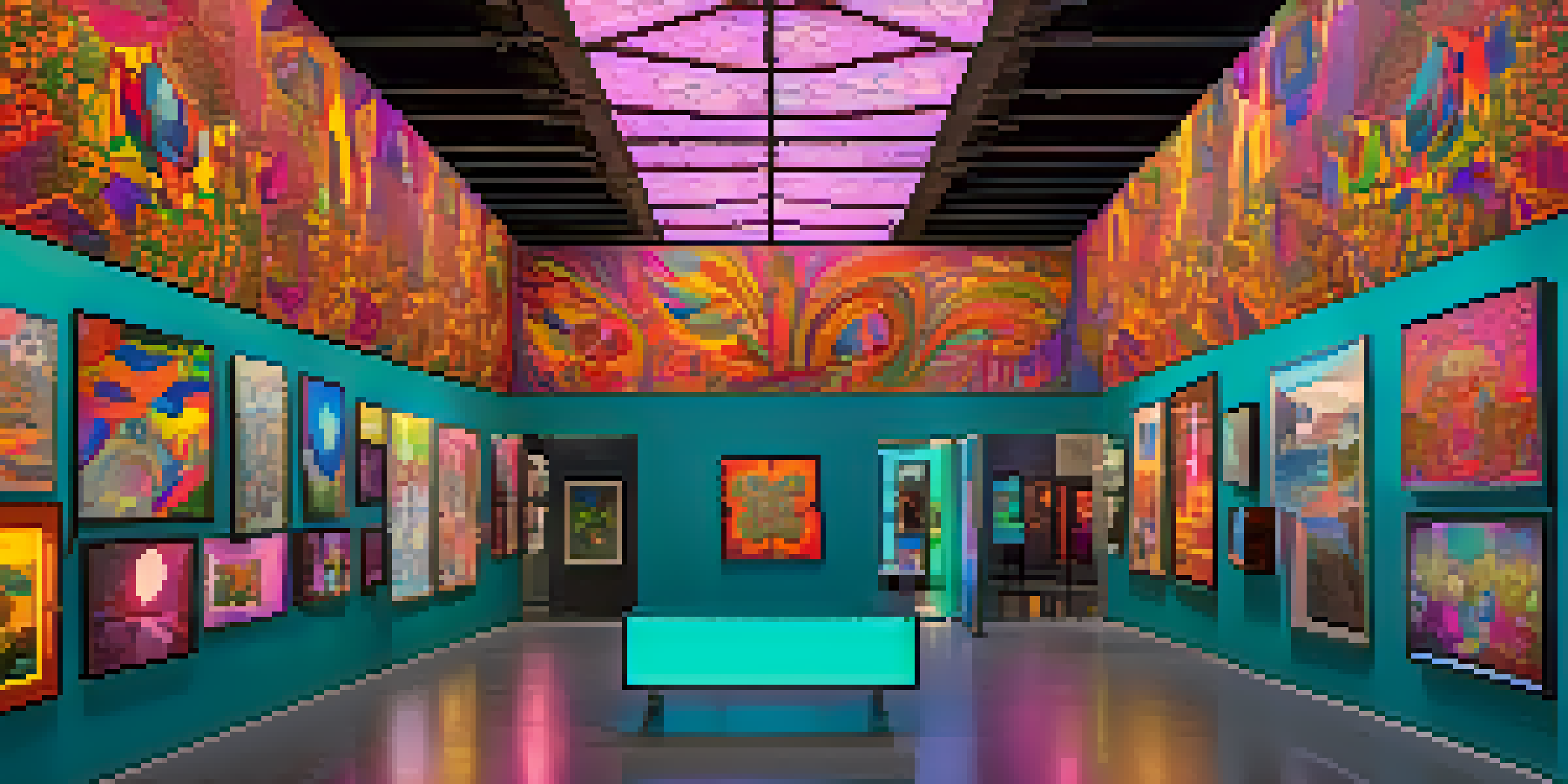 A digital art gallery filled with fans viewing colorful NFTs displayed on screens.