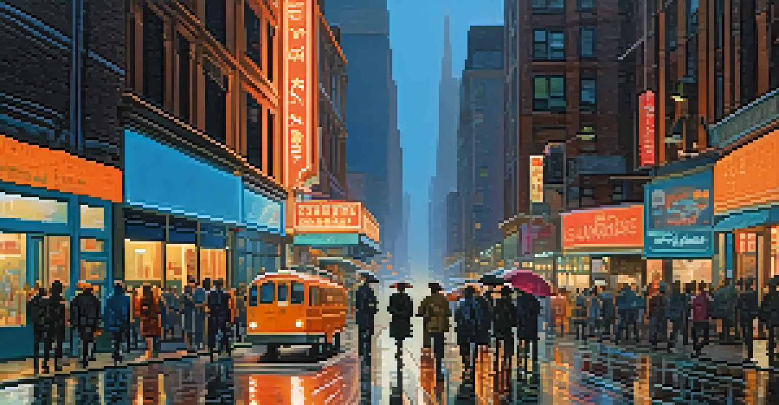 A vibrant city street at dusk with neon signs, people walking, and reflections on wet pavement.