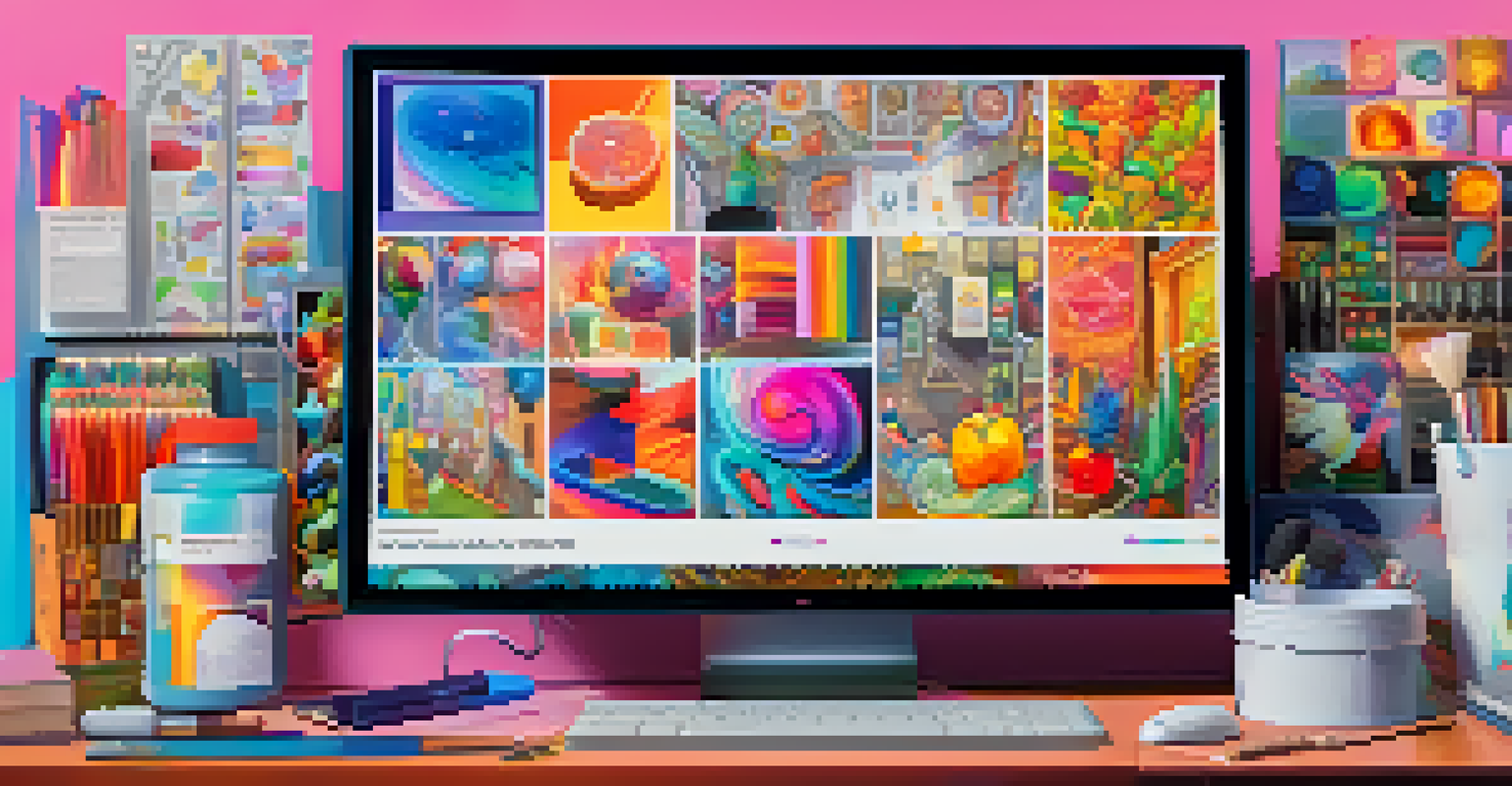 A close-up of a computer screen showing an NFT marketplace with colorful digital artworks and art supplies around.