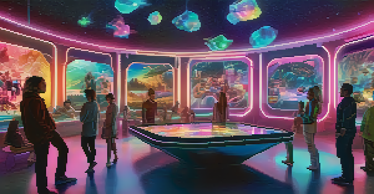 A group of friends at an exclusive event, surrounded by holographic displays of their NFT ownerships in a vibrant and dynamic setting.