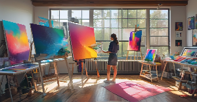 A digital art studio with colorful canvases and an artist creating art on a tablet.