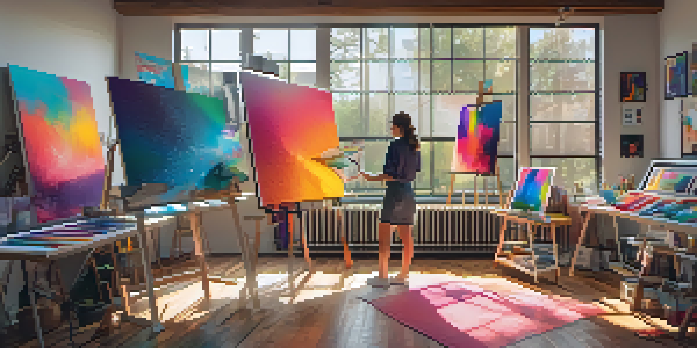 A digital art studio with colorful canvases and an artist creating art on a tablet.