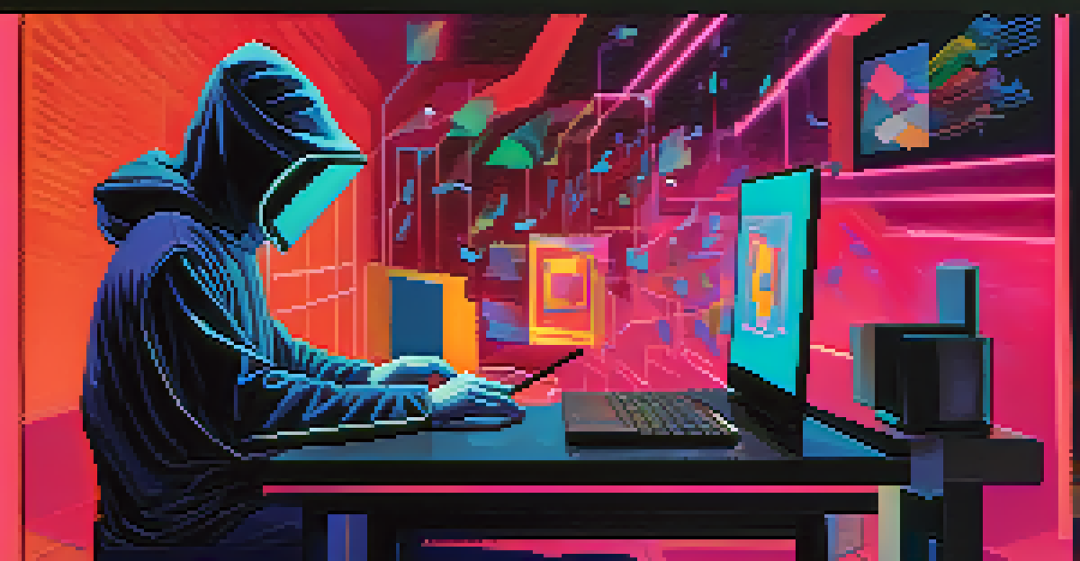An abstract image showing a masked figure in front of a computer, symbolizing phishing threats against NFTs.
