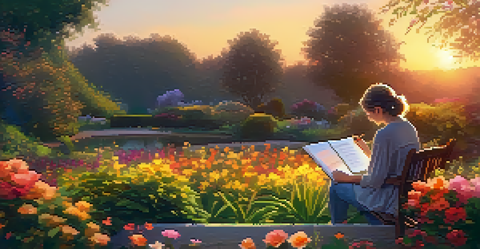 A digital artist sits in a beautiful garden at sunset, sketching ideas for NFT art amidst colorful flowers and greenery.