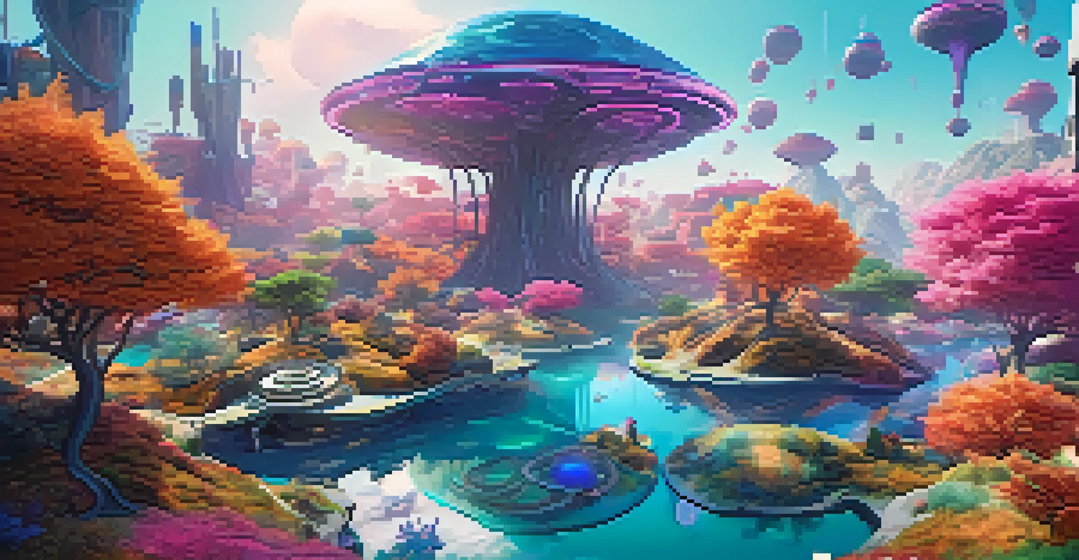A futuristic virtual landscape with whimsical trees and floating islands, with a viewer exploring it using VR goggles.