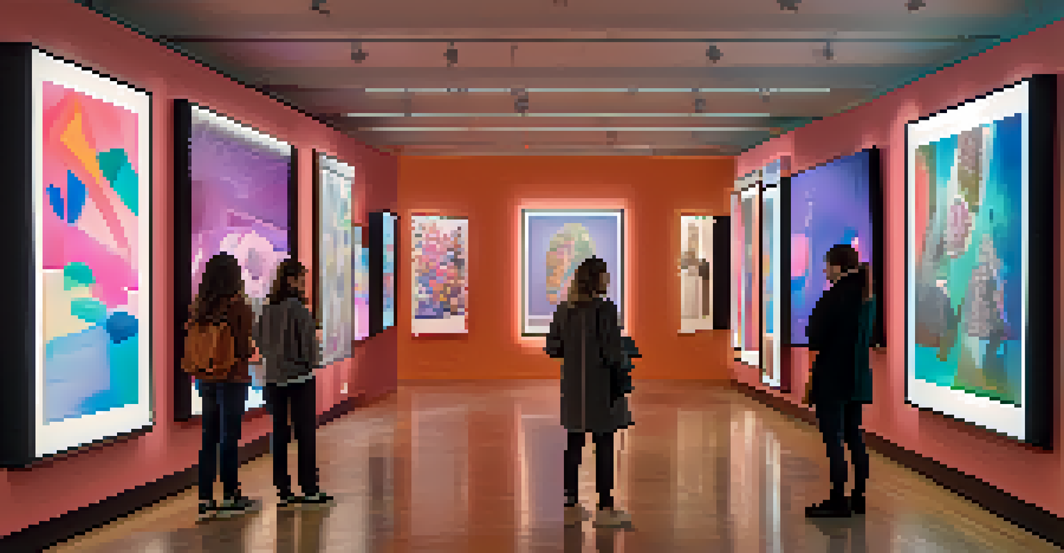 A contemporary digital art gallery showcasing various NFTs with visitors appreciating the artwork.