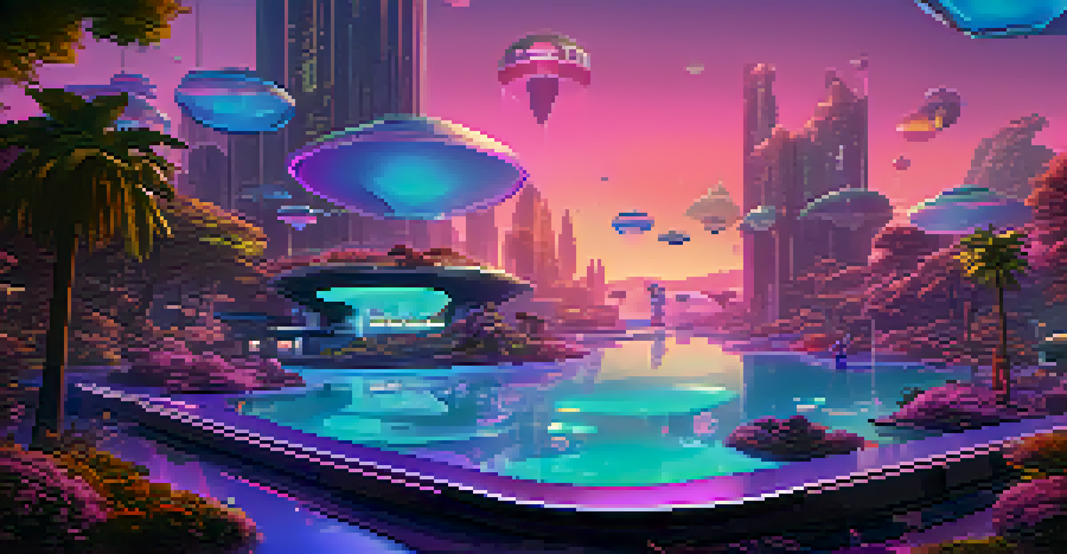 A futuristic virtual landscape with floating islands and characters interacting with NFTs in a vibrant metaverse, featuring neon colors.