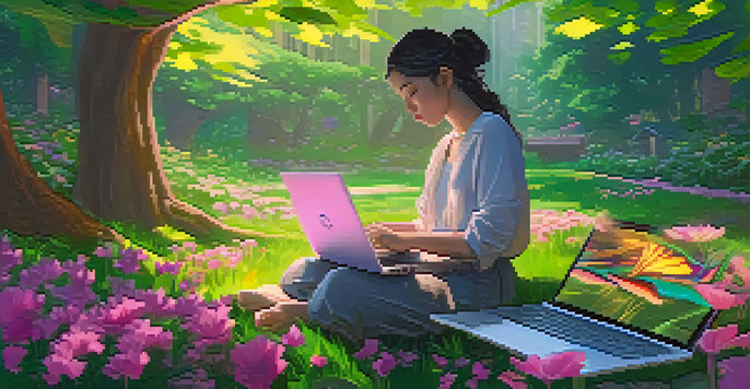 A digital artist working on NFTs in a vibrant, green landscape filled with flowers and trees, with sunlight filtering through the leaves.