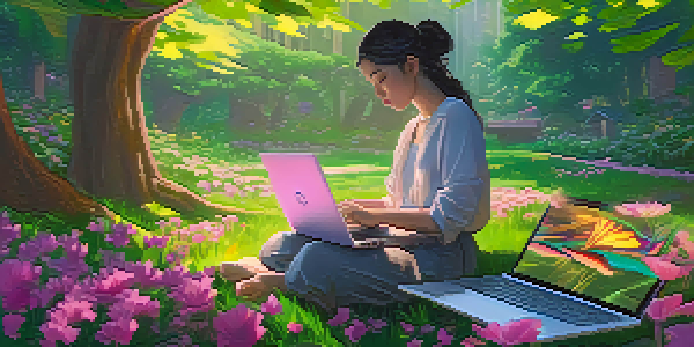 A digital artist working on NFTs in a vibrant, green landscape filled with flowers and trees, with sunlight filtering through the leaves.