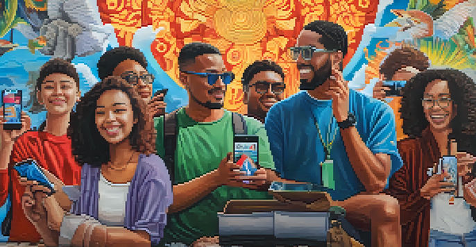 A group of diverse activists in front of a colorful mural representing social causes, holding smartphones displaying NFTs.
