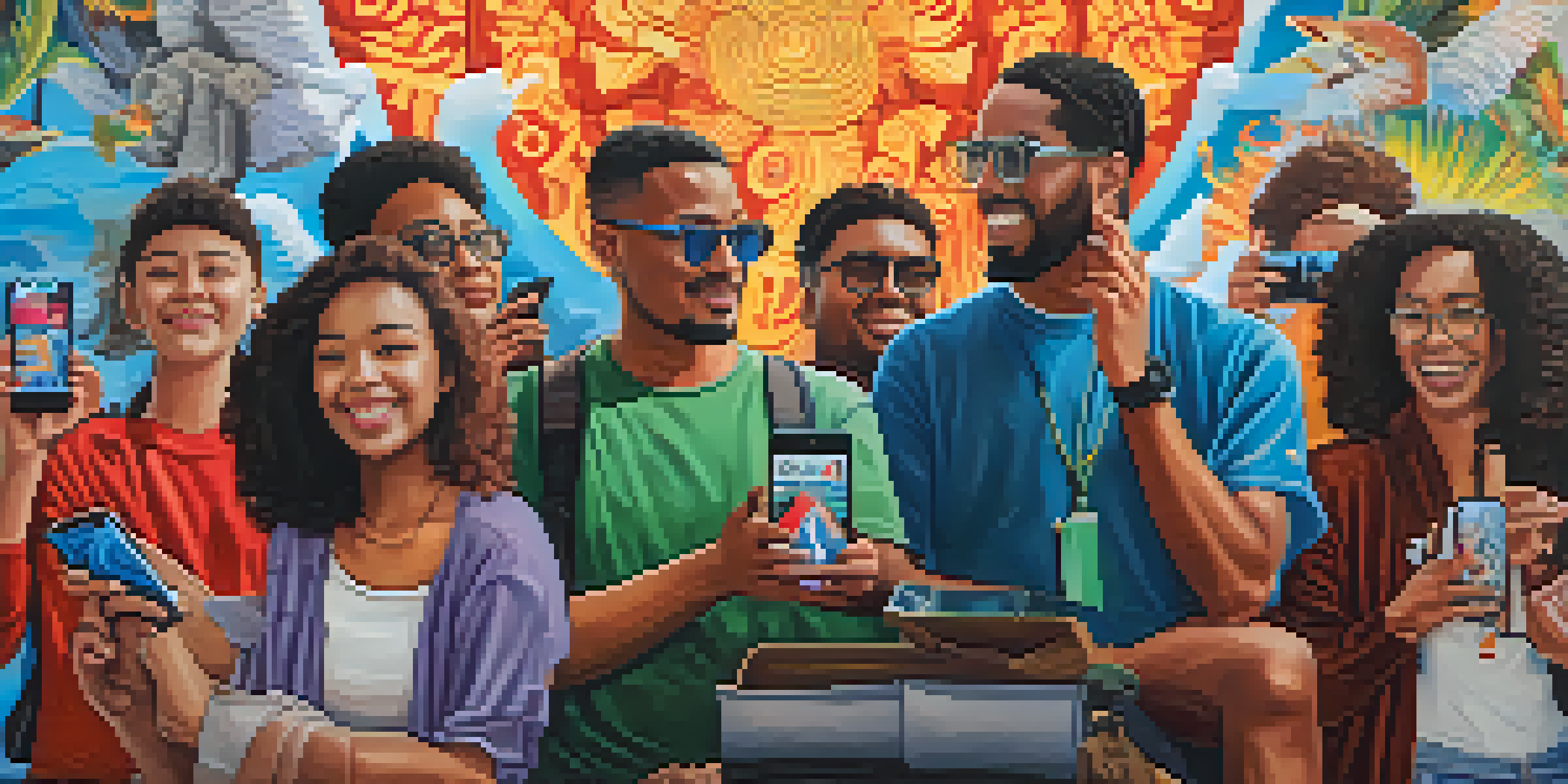 A group of diverse activists in front of a colorful mural representing social causes, holding smartphones displaying NFTs.