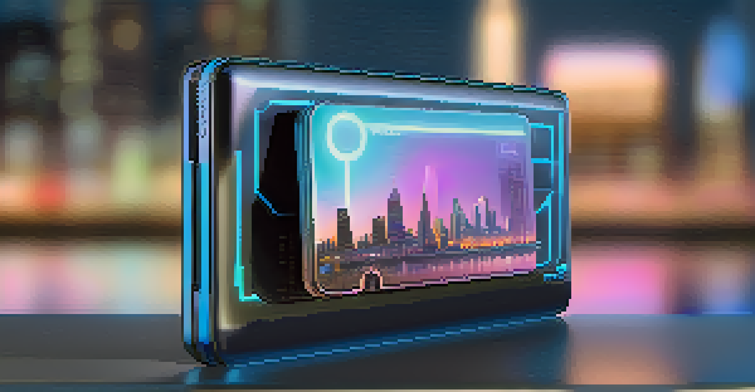 A futuristic digital wallet displaying a collection of NFTs with a soft glow, set against a blurred city skyline.