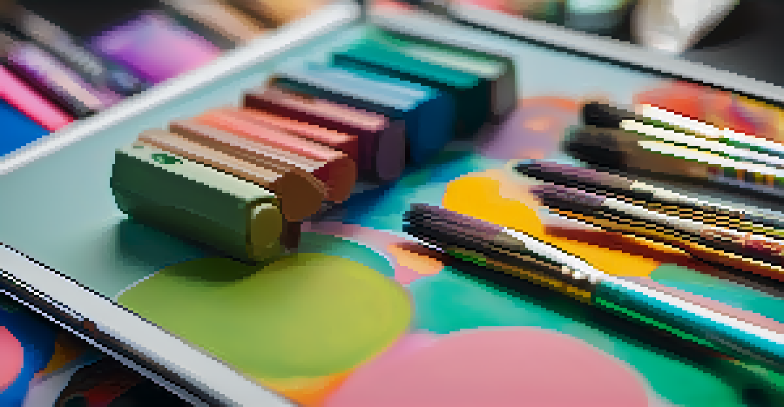 A close-up of a colorful NFT artwork on a digital tablet surrounded by creative tools in a blurred studio setting.
