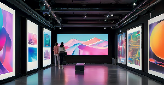 A modern digital art gallery filled with colorful NFTs on interactive screens, featuring ambient lighting and art enthusiasts admiring the displays.