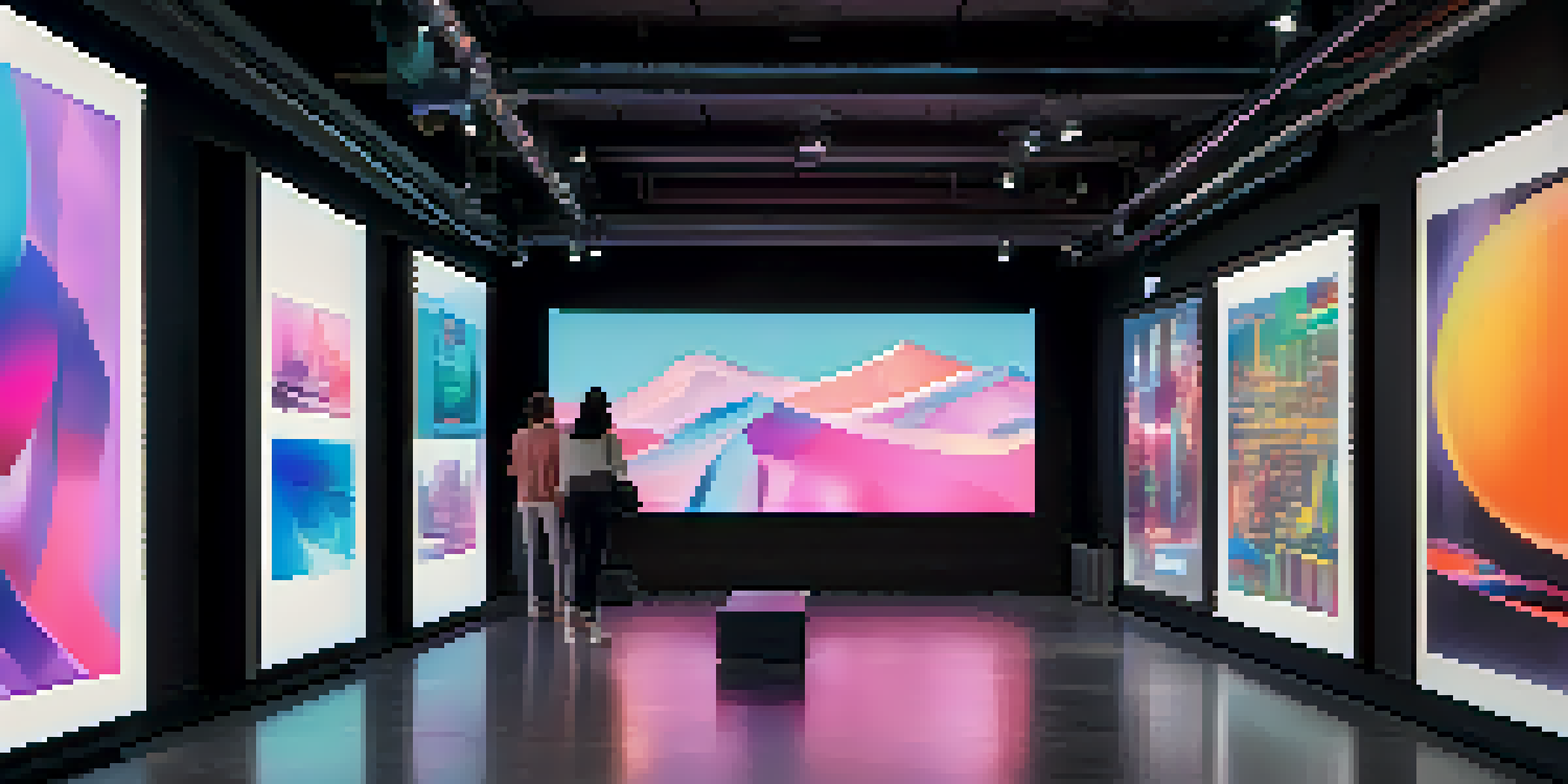 A modern digital art gallery filled with colorful NFTs on interactive screens, featuring ambient lighting and art enthusiasts admiring the displays.