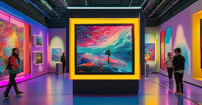 A digital art gallery displaying colorful NFT artworks under soft ambient lighting, with visitors admiring the pieces.