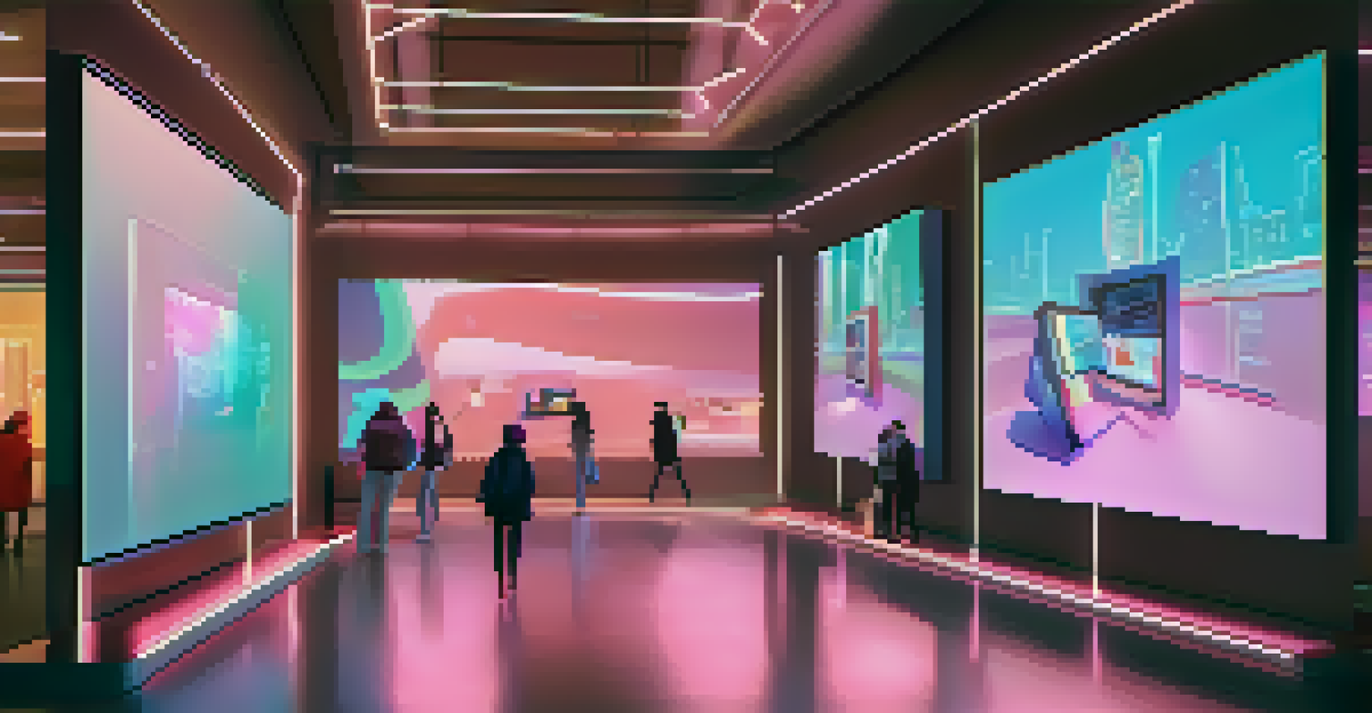 A futuristic virtual gallery showcasing animated NFTs on digital screens, filled with people admiring the artwork.