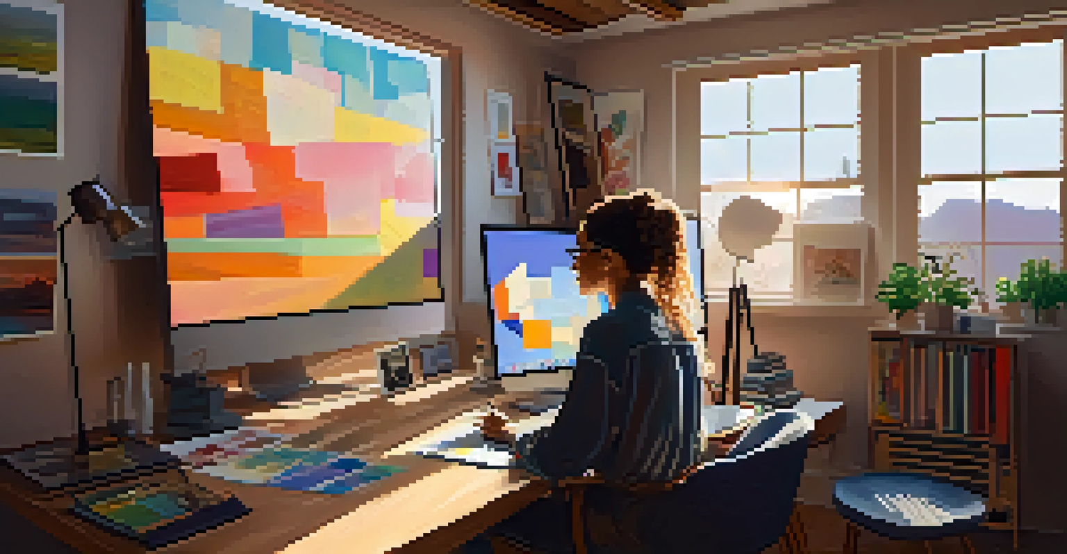 An artist in a home studio working on a digital painting with sunlight filtering through the window.