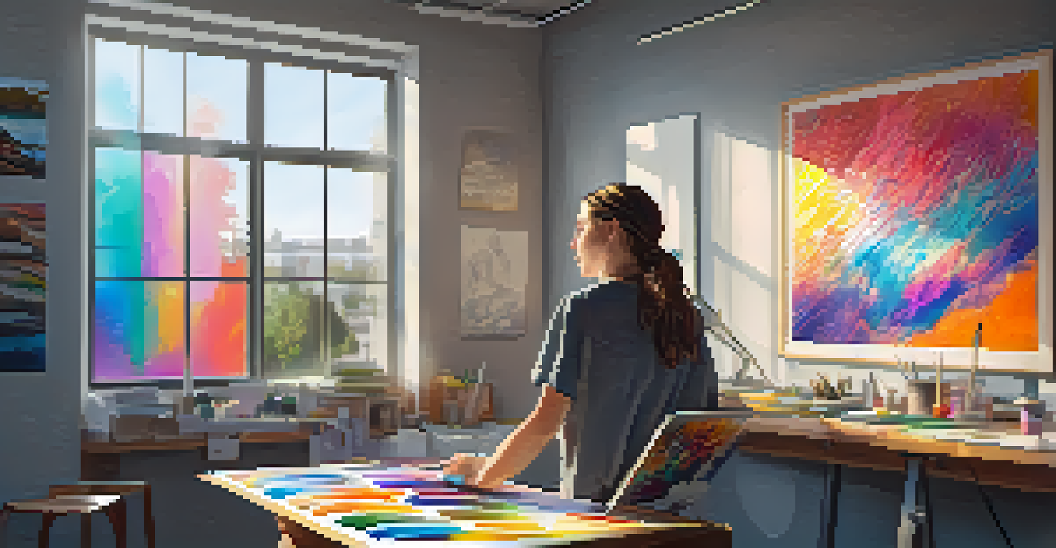 An artist creating digital art on a tablet in a bright modern studio, surrounded by colorful sketches.