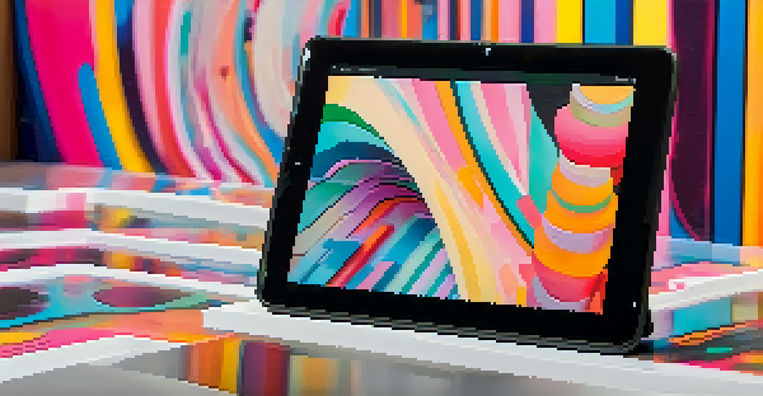 A close-up of a colorful abstract digital art NFT displayed on a tablet in a modern gallery setting.