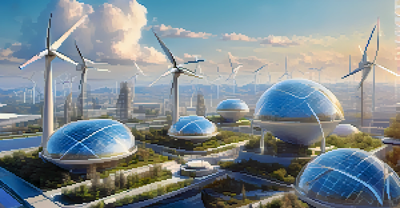 A high-tech city with renewable energy sources and floating NFT displays in a clear sky, symbolizing a sustainable future.