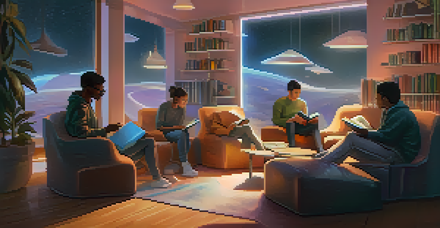 Readers interacting with holographic books and NFTs in a modern reading space, showcasing their engagement.