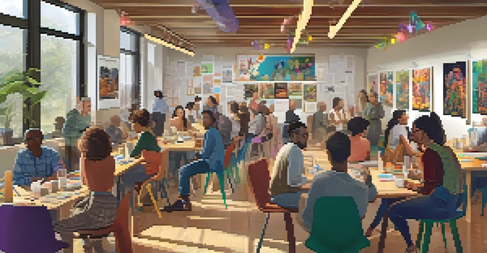 A diverse group of people attending a workshop about NFTs in a cozy, well-lit space, surrounded by educational materials and colorful decorations.