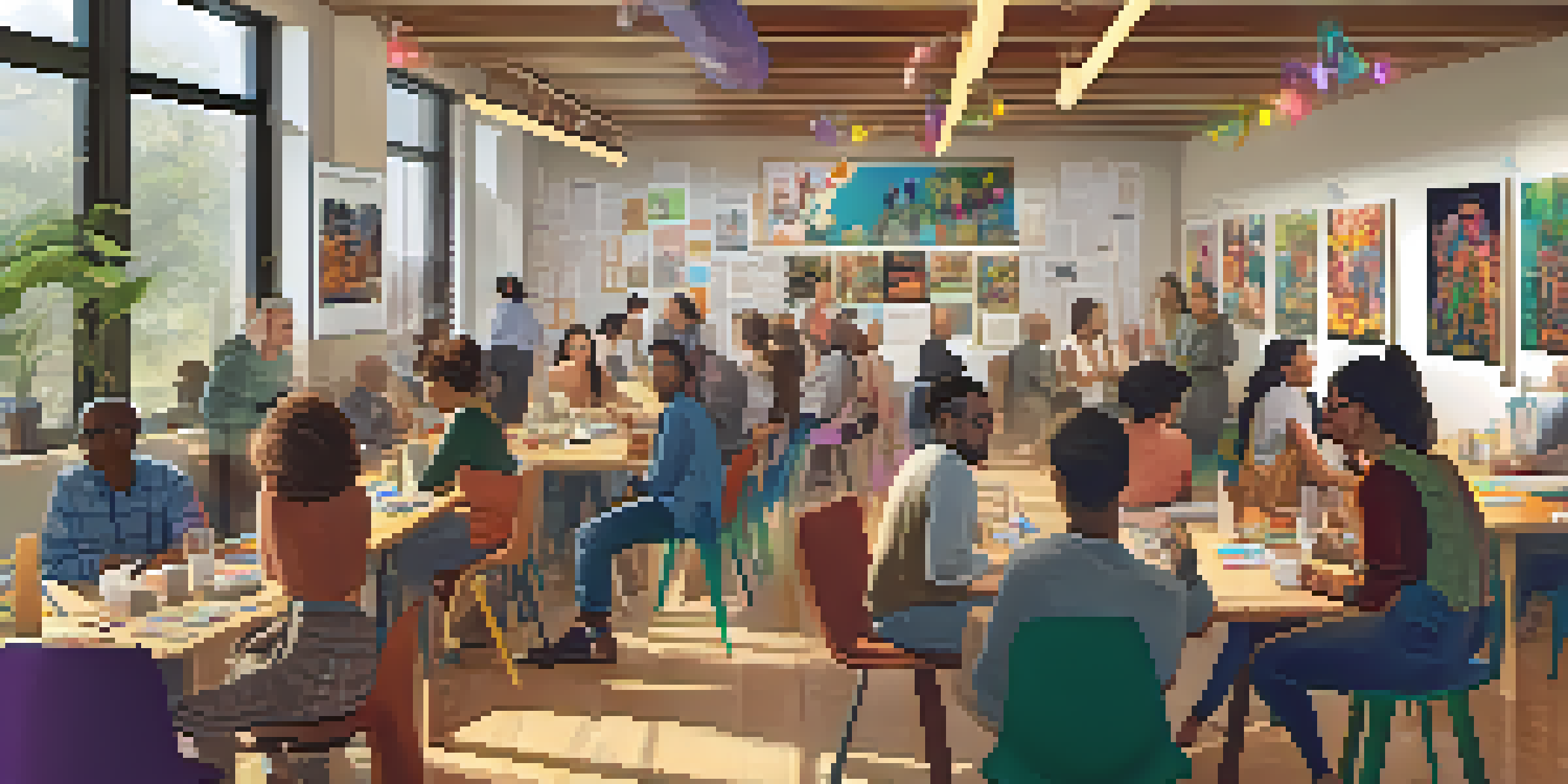 A diverse group of people attending a workshop about NFTs in a cozy, well-lit space, surrounded by educational materials and colorful decorations.