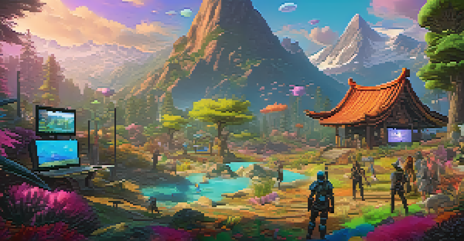 Players in a vibrant gaming environment interacting with NFT assets like digital creatures and unique weapons.