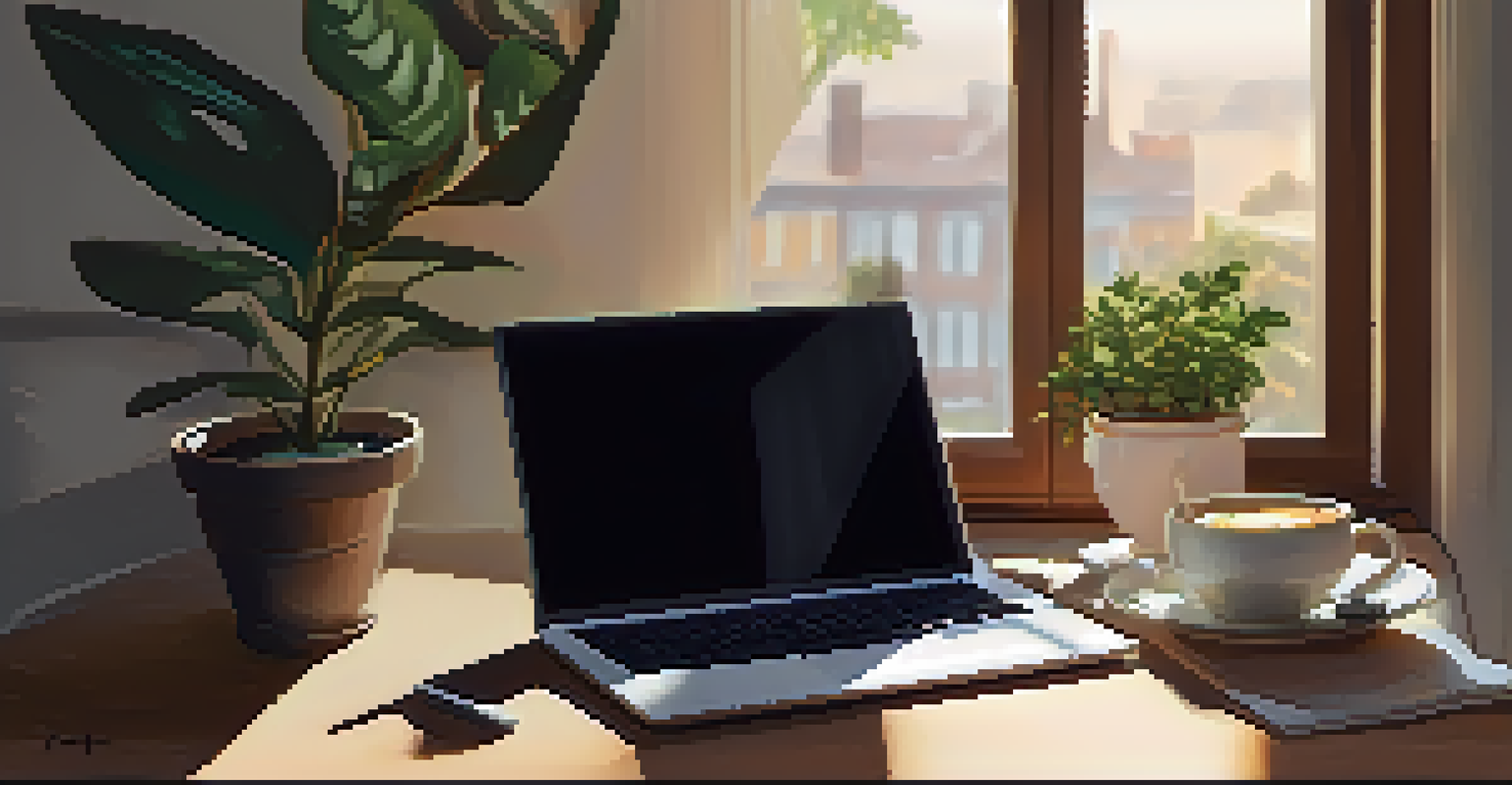 A workspace with a laptop showing legal documents about NFTs, coffee, and a plant, bathed in warm sunlight.