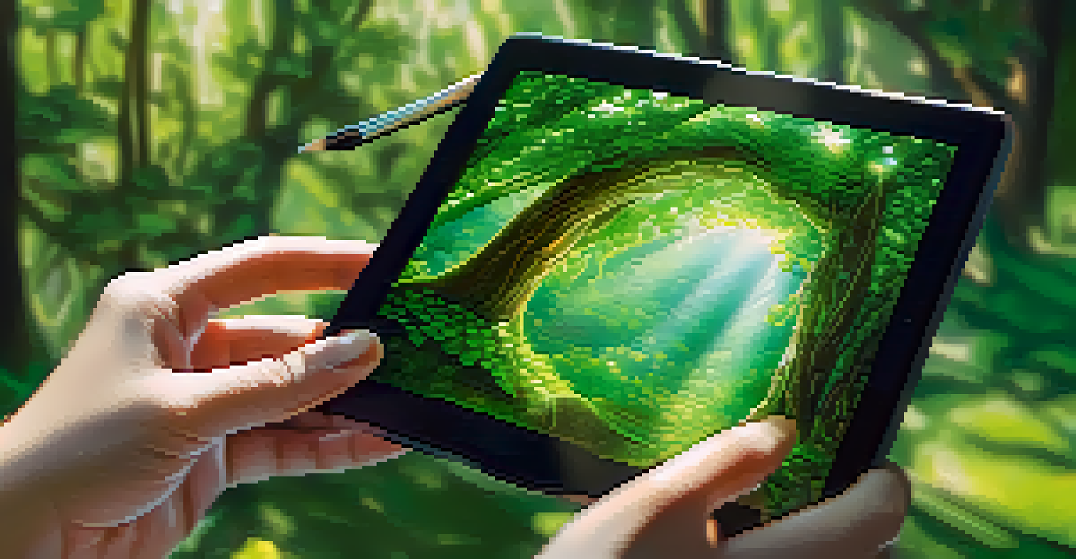 A hand holding a digital tablet with an NFT artwork, set against a green natural background.