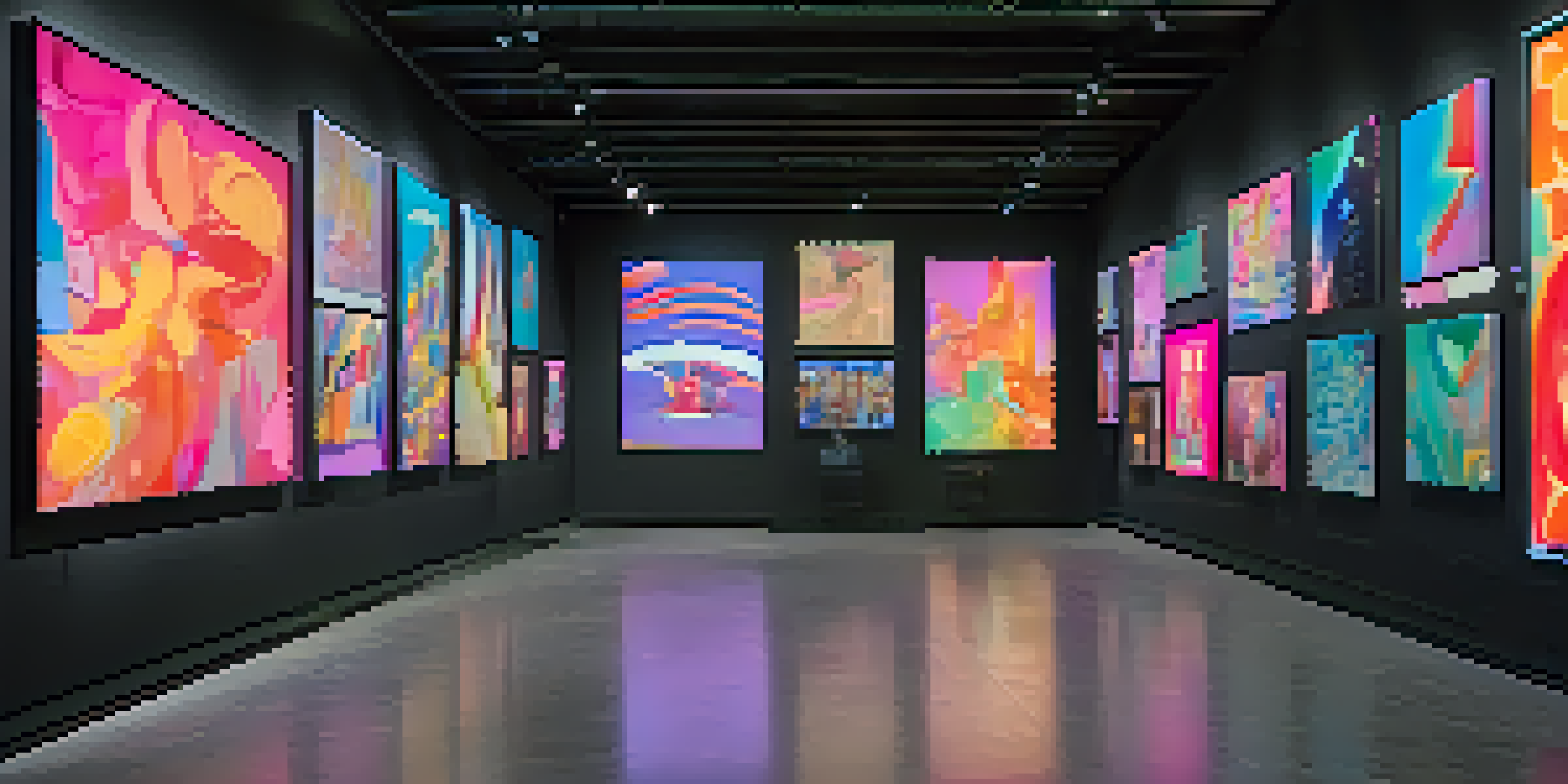 A vibrant digital art gallery filled with colorful abstract NFTs on display and people admiring the artwork.