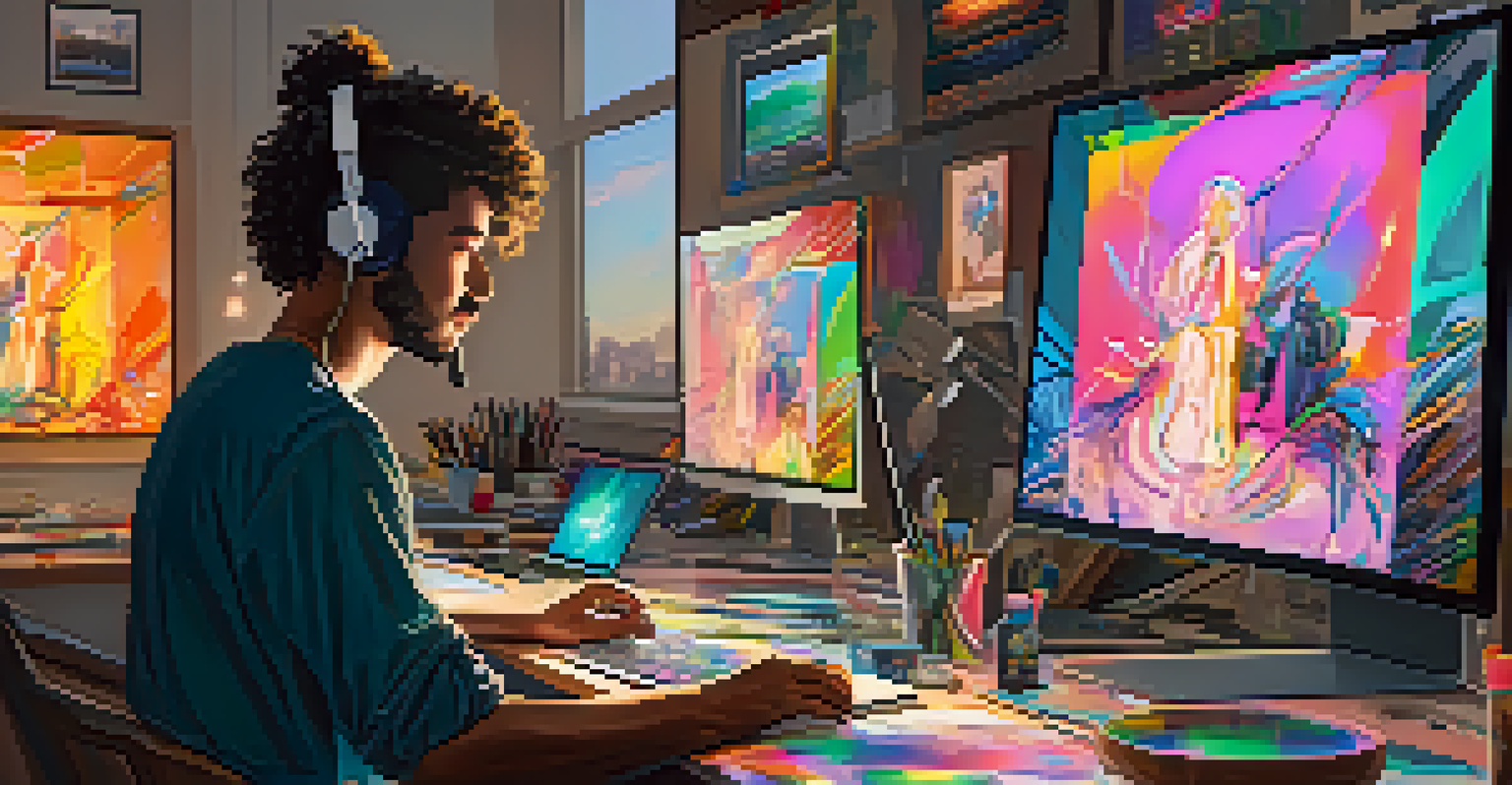 An artist at a desk creating NFT artwork, surrounded by colorful sketches and illuminated by natural light from a window.