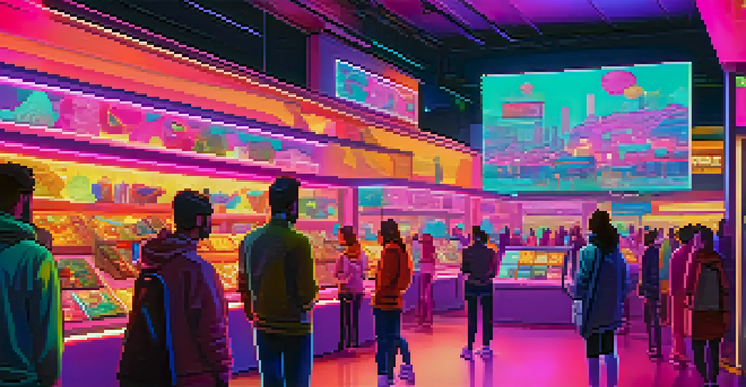 A vibrant digital marketplace filled with colorful NFTs on virtual screens, illuminated by soft neon lights and featuring buyers interacting in a futuristic environment.