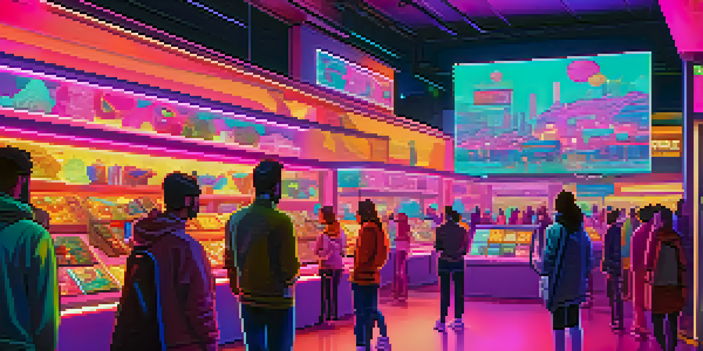 A vibrant digital marketplace filled with colorful NFTs on virtual screens, illuminated by soft neon lights and featuring buyers interacting in a futuristic environment.