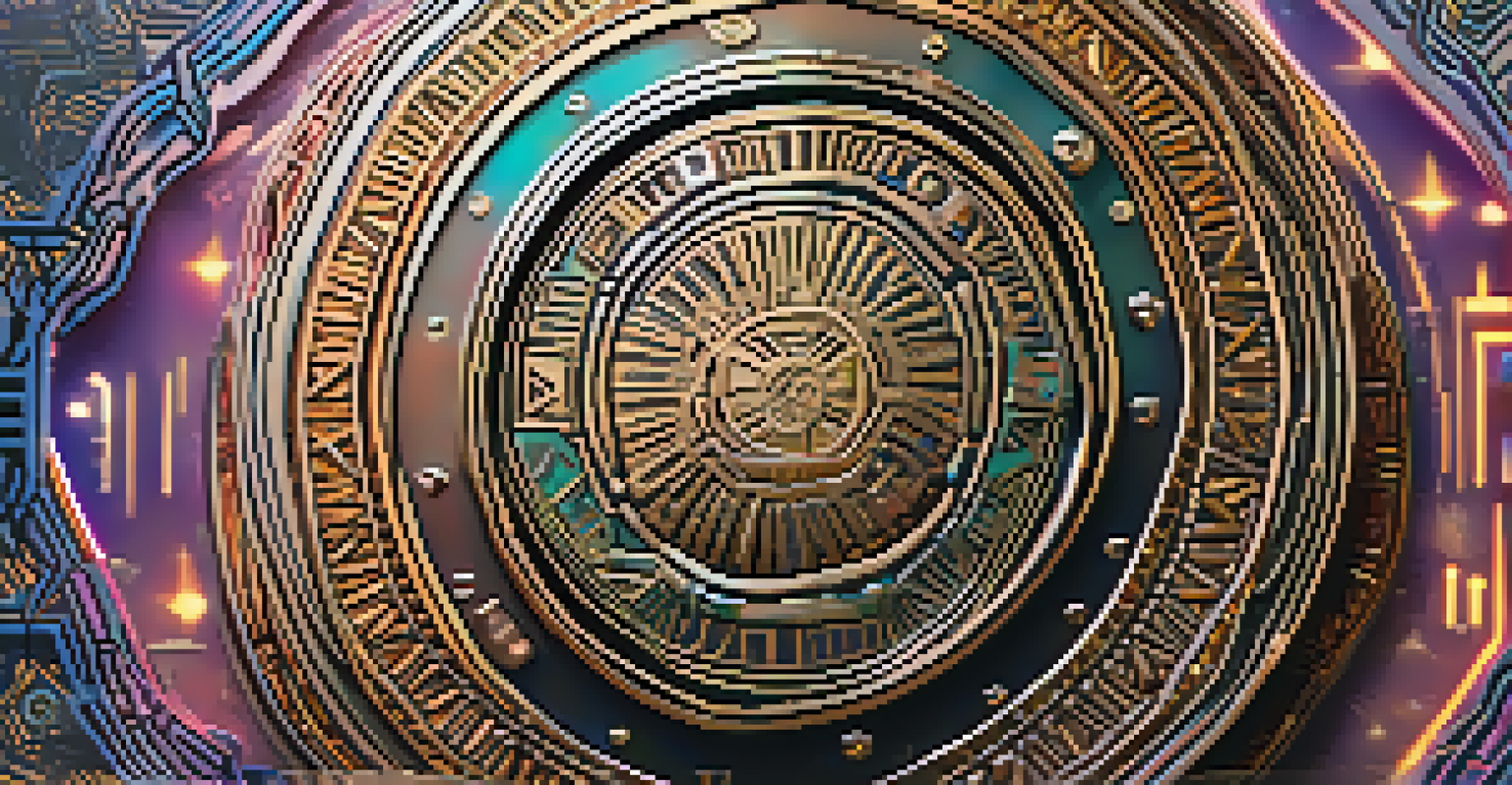 A close-up of a shiny NFT token showcasing intricate artwork and designs, against a blurred background of digital motifs.