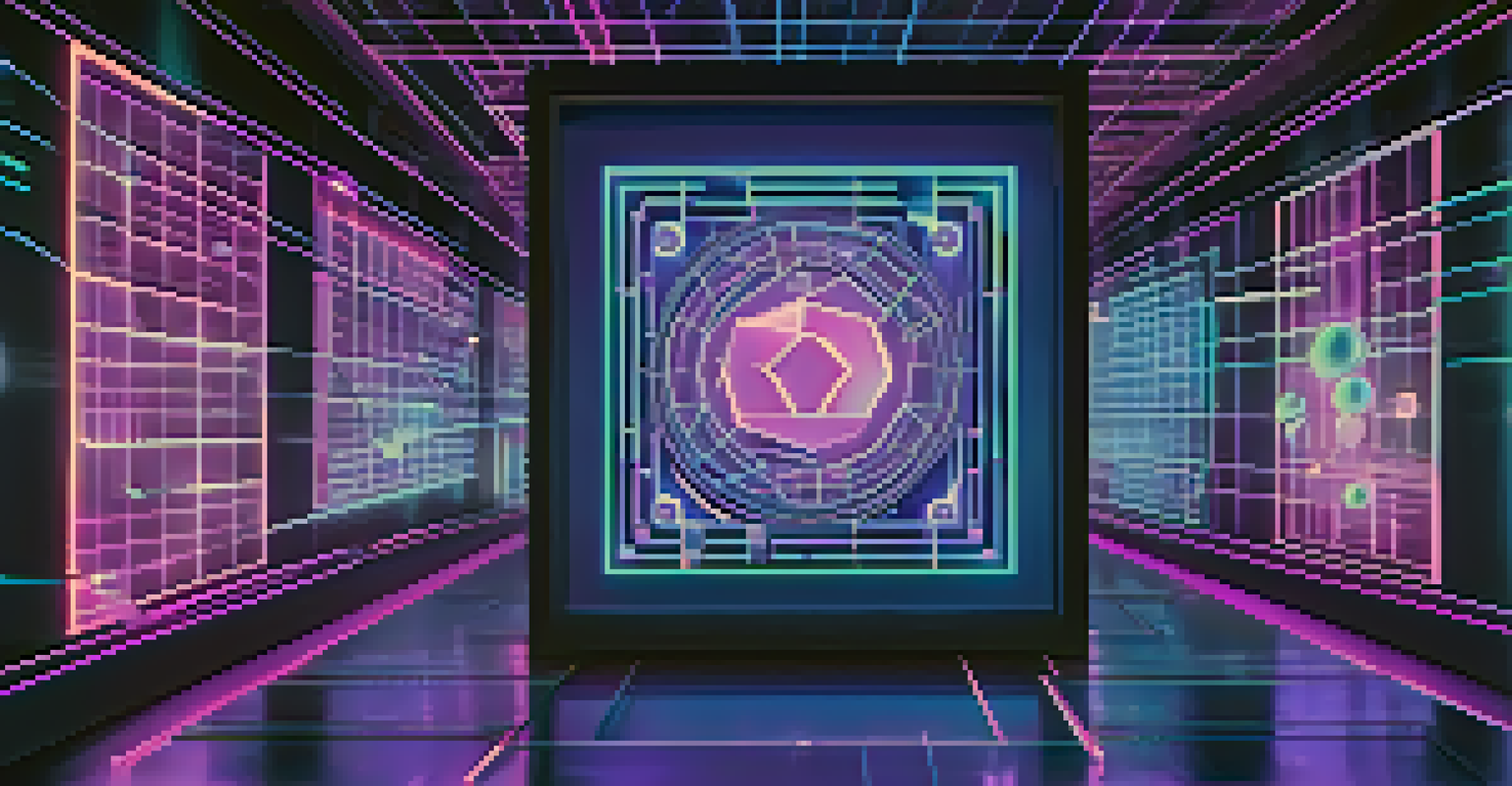 An abstract representation of NFTs with glowing blockchain grid and floating unique digital tokens in blue and purple hues.