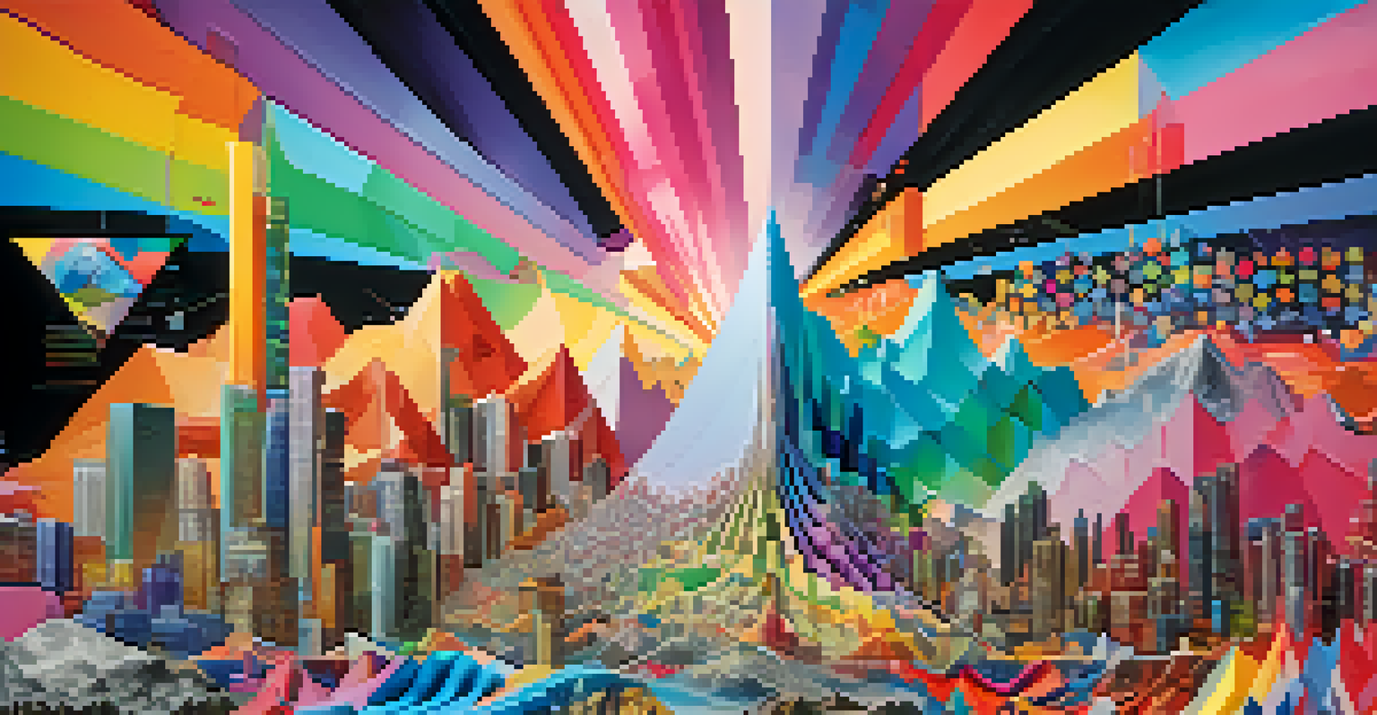 An abstract digital graph representing volatility in the NFT market, with colorful peaks and valleys overlaid with diverse digital art.