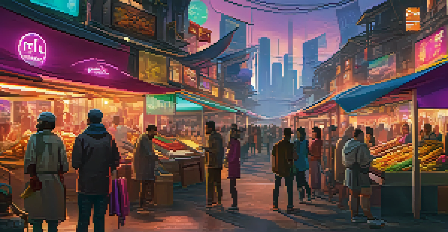 A vibrant digital marketplace showcasing players trading unique in-game items in a futuristic setting.