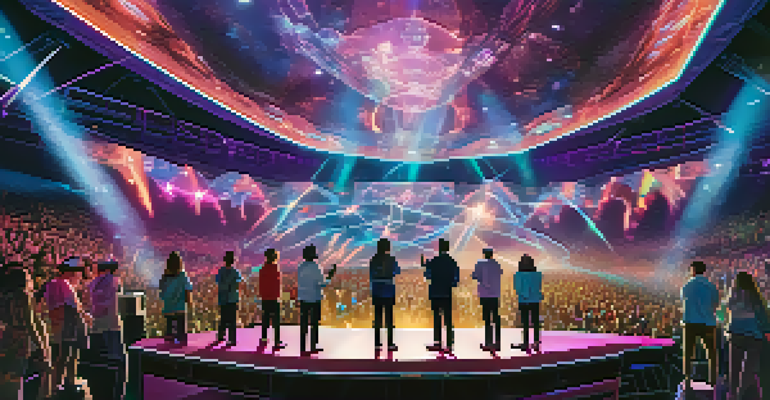 A virtual concert with attendees wearing augmented reality glasses, immersed in holographic visuals representing NFTs.