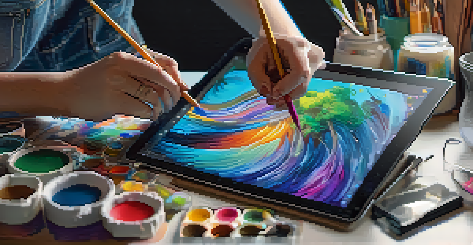 A digital artist creating an NFT on a tablet, surrounded by art supplies in a well-lit studio.