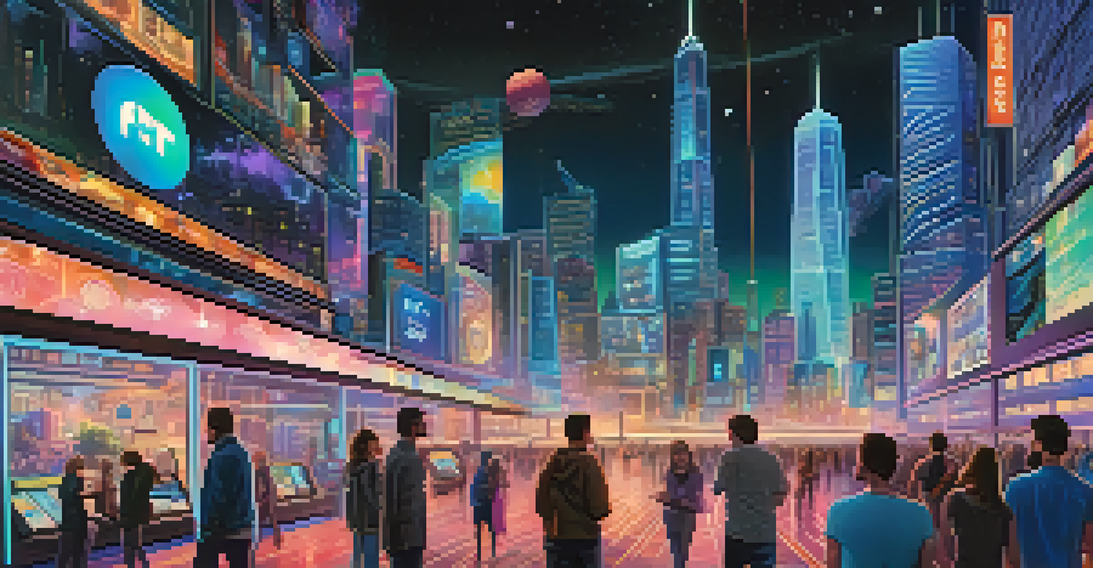 A futuristic cityscape with holographic art and digital currency integration, depicting people engaging with NFTs.