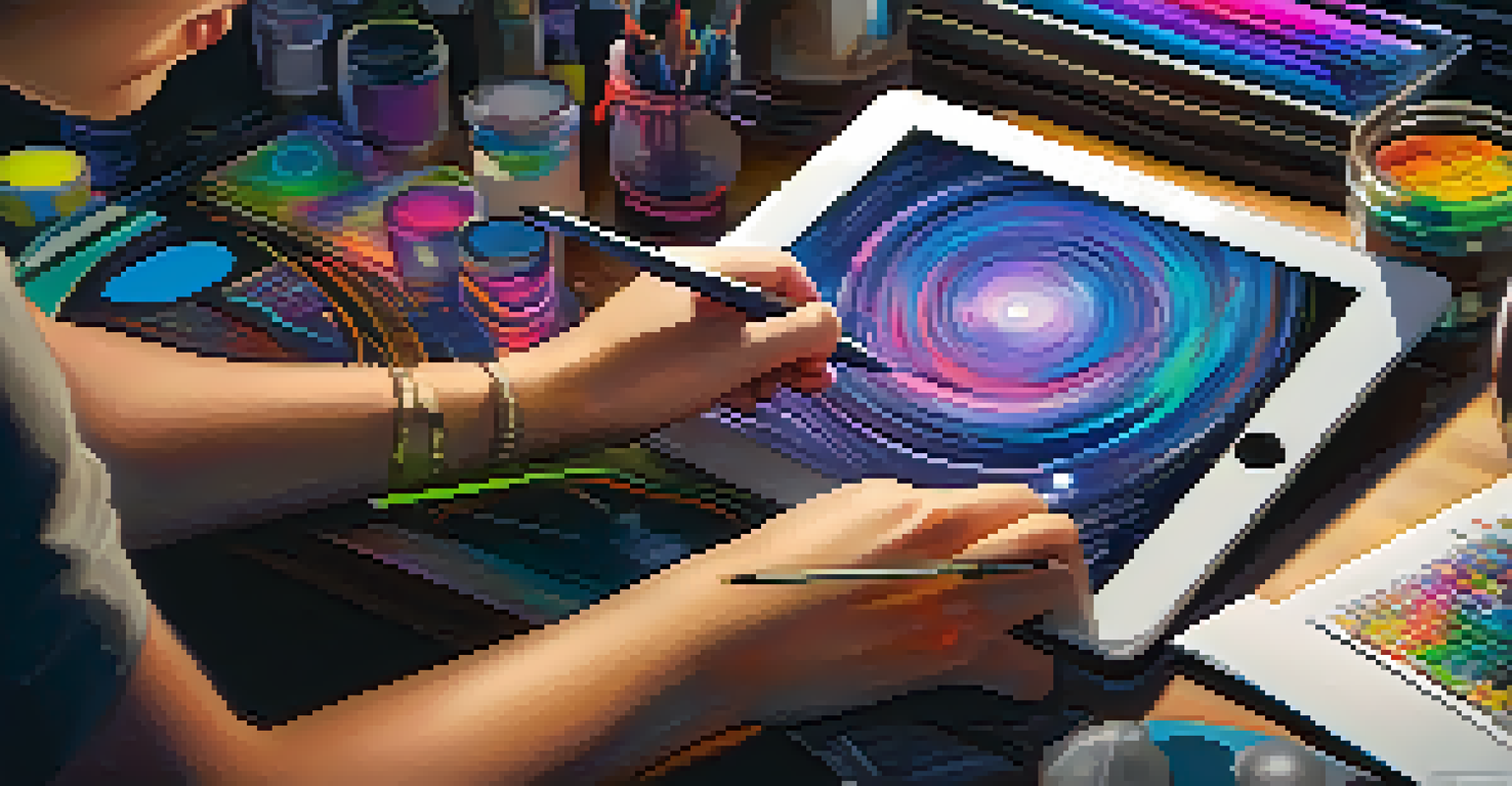 A digital artist creating vibrant artwork on a tablet, surrounded by colorful tools in a warmly lit workspace.